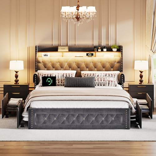 Ailisite Queen Size Bed Frame with 4 Storage Drawers, Velvet Upholstered Queen Platform Bed with Charging Station and Bookcase Storage Headboard and Led Lights, Wingback Headboard with Crystal, Grey - color: Grey, size: Queen