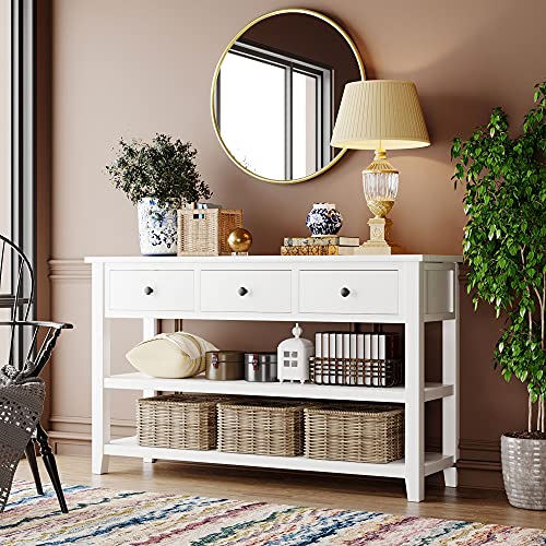 Modern Console Table, Pine Solid Wood Sofa Table with 3 Drawers and 2 Shelves, Entryway Table Sideboard Buffet Table for Living Room, 220 LBS Weight Capacity, Easy Assembly (Antique White-1) - color: Antique White-1