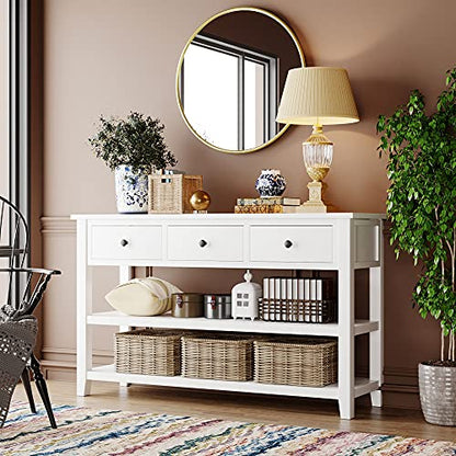 Modern Console Table, Pine Solid Wood Sofa Table with 3 Drawers and 2 Shelves, Entryway Table Sideboard Buffet Table for Living Room, 220 LBS Weight Capacity, Easy Assembly (Antique White-1) - color: Antique White-1
