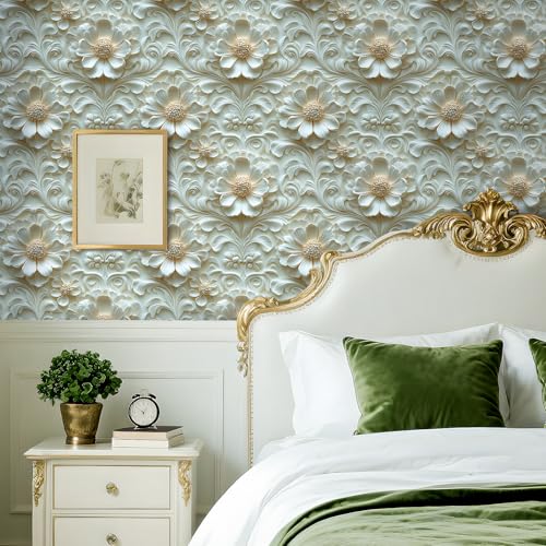Livelynine Luxury Gold and White Floral 3D Wallpaper Peel and Stick Accent Wall Cover Self Adhesive Ceiling Wallpaper Beige Cream 3D Floral Contact Paper Decorative Wall Panels for Bathroom 17.5x78.8 - size: 17.5" x 78.8"