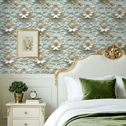 Livelynine Luxury Gold and White Floral 3D Wallpaper Peel and Stick Accent Wall Cover Self Adhesive Ceiling Wallpaper Beige Cream 3D Floral Contact Paper Decorative Wall Panels for Bathroom 17.5x78.8 - size: 17.5" x 78.8"
