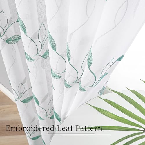 Tollpiz Teal Blue Leaf Sheer Tier Curtain Kitchen 30 x 36 Inches | Leaves Embroidered Curtains Rod Pocket Voile Bathroom Window Treatment for Cafe, Set of 2 Panels - color: Teal Blue, size: 30"W x 36"L (Pack of 2)