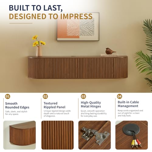 LUMISOL 55” Wall Mounted Floating TV Cabinet with Fluted Doors, Media Console with Cable Management Holes for Living Room, Bedroom, Walnut - size: 55.12"L x 12.6"W x 11.81"H