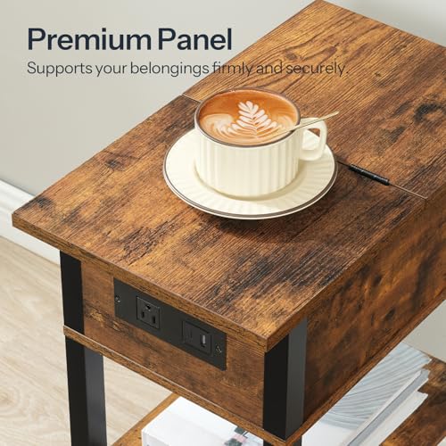 HOOBRO End Table with Charging Station, Flip Top Side Table with USB Ports, Narrow Nightstand Bedside Tables with Storage Shelves, for Small Space, Living Room, Rustic Brown and Black BF141UBZ01 - color: Rustic Brown + Black