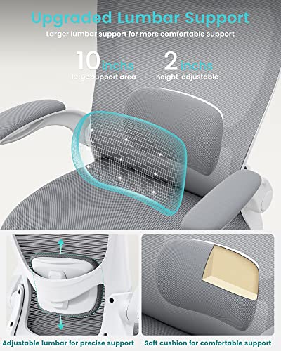 Office Chair, Ergonomic Desk Chair with Adjustable Lumbar Support and Flip up Armrest, Breathable Mesh Computer Chair for Home Office, Gray - color: Grey