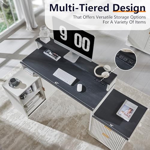Modern L Shaped Desk with Storage Cabinet & Drawers, Wood Home Office Desk with Power Outlets, Fluted Computer Writing Desk - color: Antique White, size: 33"D x 67"W x 35.5"H