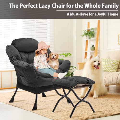 Youtanic Lazy Chair with Folding Ottoman, Accent Chair Velvet Upholstered with Metal Structure and Non-Slip Pads, Sofa Armchair with Footrest and Side Storage Bag for Dorm, Office, Charcoal - color: Charcoal