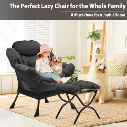 Youtanic Lazy Chair with Folding Ottoman, Accent Chair Velvet Upholstered with Metal Structure and Non-Slip Pads, Sofa Armchair with Footrest and Side Storage Bag for Dorm, Office, Charcoal - color: Charcoal