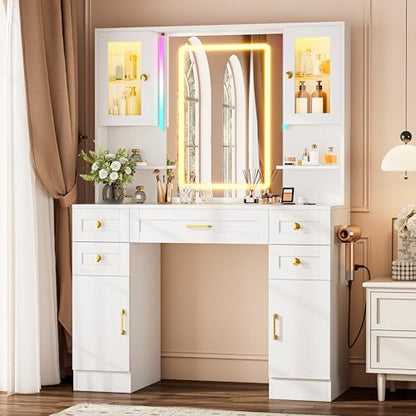 Vanity Desk with Mirror and LED Lights & Power Outlet | Large Makeup Vanity Table with 5 Drawers and 4 Storage Cabinets, White Dressing Table for Bedroom - size: 049 Pure White