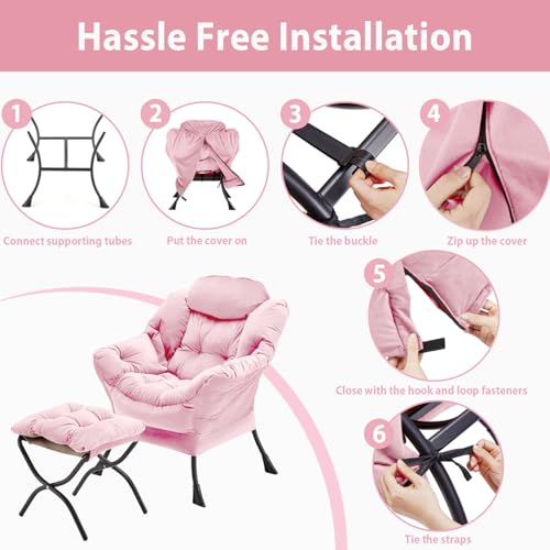 Youtanic Lazy Chair with Folding Ottoman, Accent Chair Velvet Upholstered with Metal Structure and Non-Slip Pads, Sofa Armchair with Footrest and Side Storage Bag for Dorm, Room, Office, Pink - color: Pink