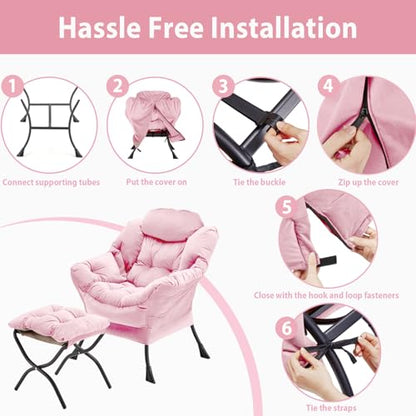 Youtanic Lazy Chair with Folding Ottoman, Accent Chair Velvet Upholstered with Metal Structure and Non-Slip Pads, Sofa Armchair with Footrest and Side Storage Bag for Dorm, Room, Office, Pink - color: Pink