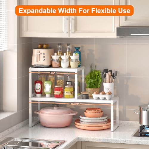 Shelf Organizer Riser For Cabinet Pantry Kitchen Countertop Cupbaord Closet | Expandable Width, Adjustable Height, Stackable As 2-Tier Shelf Rack, Snap-Button: Easily Adjust Height, Heavy Duty Metal - color: White-1 Pack