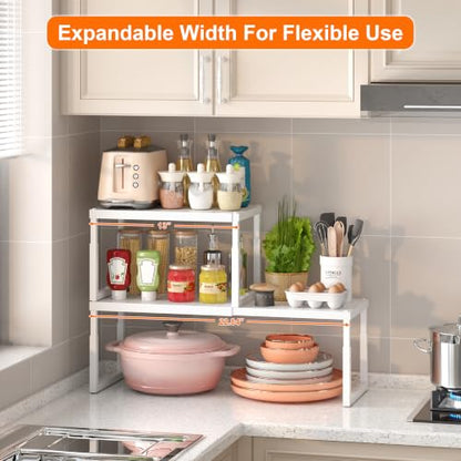 Shelf Organizer Riser For Cabinet Pantry Kitchen Countertop Cupbaord Closet | Expandable Width, Adjustable Height, Stackable As 2-Tier Shelf Rack, Snap-Button: Easily Adjust Height, Heavy Duty Metal - color: White-1 Pack