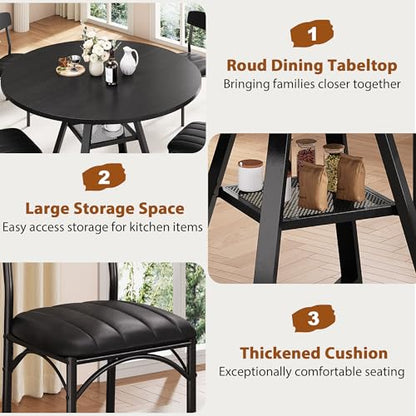 Round Dining Table Set for 4, Kitchen Table and Chairs for 4, Circle Table Round Pedestal Dining Room Dinner Dinette Table Set,5 Piece Space Saving Wood Kitchen & Dining Room Tables (Black, 42In) - color: Black