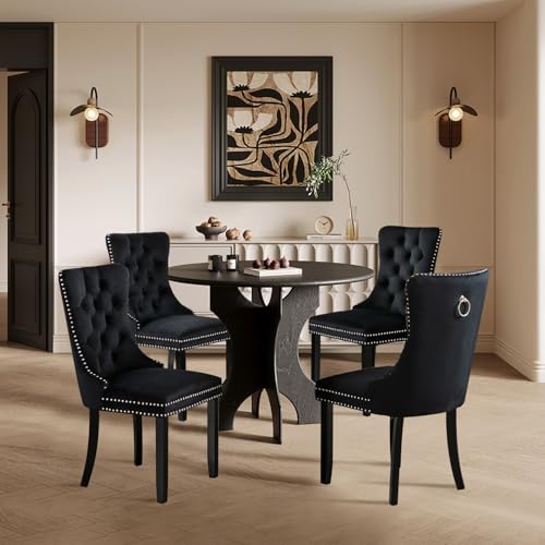 Velvet Upholstered Dining Chairs Set of 4, Modern Style Kitchen Side Chairs with Nailhead Trim and Wood Legs,Metal Pulling Ring for Dining Room Living Room(Black,Set of 4) - color: Black, size: Set of 4