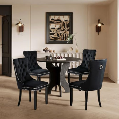Velvet Upholstered Dining Chairs Set of 4, Modern Style Kitchen Side Chairs with Nailhead Trim and Wood Legs,Metal Pulling Ring for Dining Room Living Room(Black,Set of 4) - color: Black, size: Set of 4