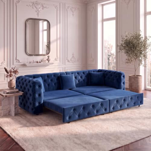 89" 4-Seater Queen Size Pull Out Sofa Bed with 3 Pillows, Blue | 4-Seater Classic Velvet Sofa with Tufted Design,3 Pillows,89" Extra Large 3-in-1 Pull Out Sofa - color: Q-blue-w01