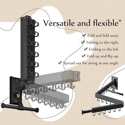 Wall Mounted Collapsible Clothes Drying Rack, Space-Saving Laundry Drying Rack Clothing Hanger, Durable Foldable Design Extends Left, Right & Up for Upgraded Versatility - style: Upgrde-Black Hooks
