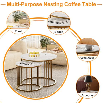 Coffee Table Faux Marble Nesting Table for Small Place 2 Sets Modern Furniture Living Room Sets End Side Table Night Stand for Bed Room Dining Room (White & Gold) - color: Gold