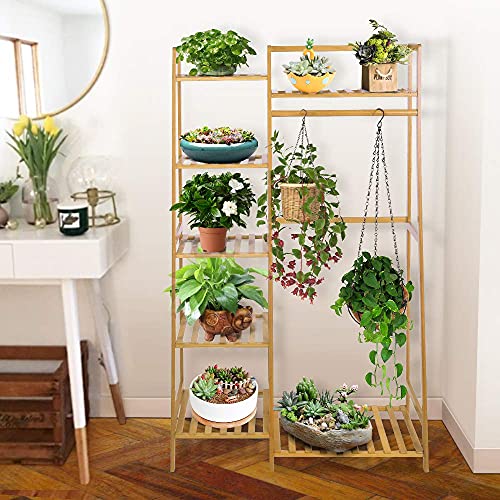 Ufine Bamboo Garment Rack with 7-Tier Storage Shelves & Hanging Rod | Portable Clothes Hanging Rack Minimalism Wardrobe Closet Organizer for Living Room - size: 7 Tier