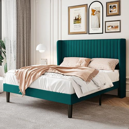 SHA CERLIN Queen Size Velvet Bed Frame, Tufted Wingback Headboard, Teal | 47'' Modern Vertical Channel Headboard, Upholstered Platform Bed, Wood Slats, No Box Spring Needed, Easy Assembly, Noise Free - color: Teal, size: Queen