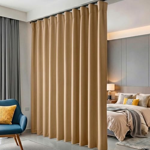 hoeflife Room Divider Curtains Blackout Floor to Ceiling Curtain with Hook Wall Mount Sliding Door Curtains Ceiling Mount Extra Wide Curtain Wall Divider for Room Separation (Khaki, W100 x H84 Inch) - color: Khaki, size: 100"W x 84"L (Pack of 1)