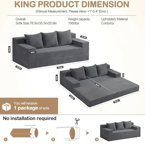 78.5” Convertible Sofa Bed,Corduroy 3 Seater Boneless Couch Bed Futon,Fold Out Couch with 3 Pillows,Loveseat Sleeper with Pull Out Bed for Living Room, Guest,Bedroom,Grey - color: Grey, size: 78.5inch