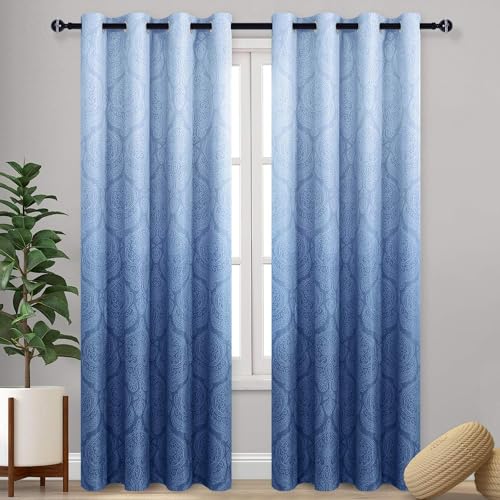 DWCN Navy Blue Room Darkening Blackout Curtains for Living Room - Extra Long Ombre Luxury Damask Patterned Thermal Insulated Grommet Drapes for Bedroom, Office, 52 x 90 Inch Length Long, 1 Pair - color: Navy Blue, size: 52"W x 90"L (Pack of 2)