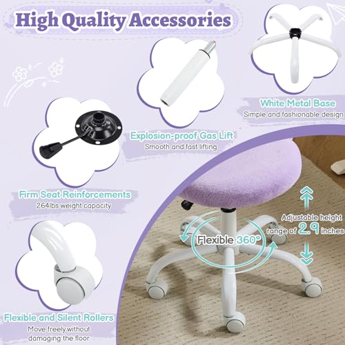 VINGLI Small Vanity Chair with Faux Fur Wheels for Girls,Cute Adjustable Height Armless Office Desk Chair,360°Swivel Comfy Rolling for Study,Make up Room,Small Space,Purple - color: Furry Purple
