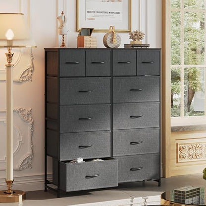 WLIVE 12 Drawer Tall Fabric Dresser Bedroom Storage Chest, Dark Grey | 12-drawer tall fabric dresser with wood top and steel frame, P2 grade board, ideal for bedroom closet living room storage - color: Dark Grey