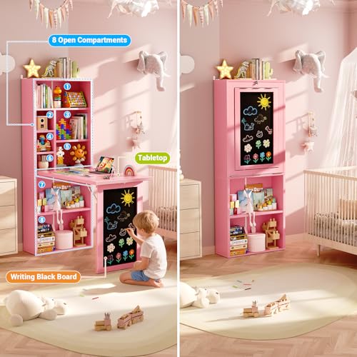 Small Folding Desk with Outlets, Convertible Writing Desk for Small Spaces/Home Office/Craft Room, Multi-Function Desk Workstation with Blackboard, Fold-Out Cabinet Table, Pink | Foldable Wall Mounted Desk Cabinet with Storage, Craft Cabinet with Fold Out
