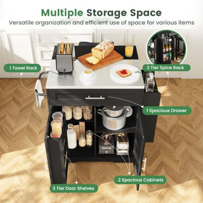 Dripex 41'' Kitchen Islands Foldable with Stainless Steel Top & Seating, Rolling Island Table for Kitchen with Drop Leaf, Bar Stool, Power Outlet, Adjustable Storage Shelves, Spice Rack, Black - color: Black