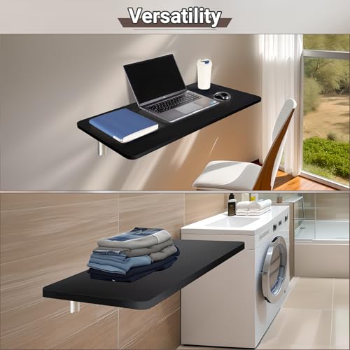 Neoaider Upgrade Wall Mounted Folding Table 31.5”L x 15.7”W, Black | Laundry Folding Table with Heavy Duty Metal Collapsible Shelf Brackets, Wall Mounted Desk Fold Down for Small Spaces - color: Black, size: 31.5" x 15.7"