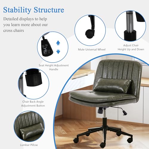 TUNYI Criss Cross Chair with Wheels Armless Wide Cross Legged Office Chair Swivel Height Adjustable Computer Task Vanity Chair with Pillow for Home Office, Dressing Room (Dark Green) - color: Dark Green