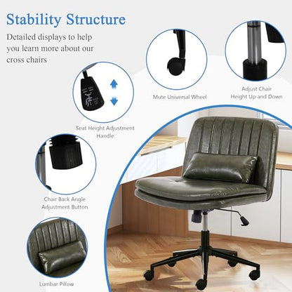 TUNYI Criss Cross Chair with Wheels Armless Wide Cross Legged Office Chair Swivel Height Adjustable Computer Task Vanity Chair with Pillow for Home Office, Dressing Room (Dark Green) - color: Dark Green
