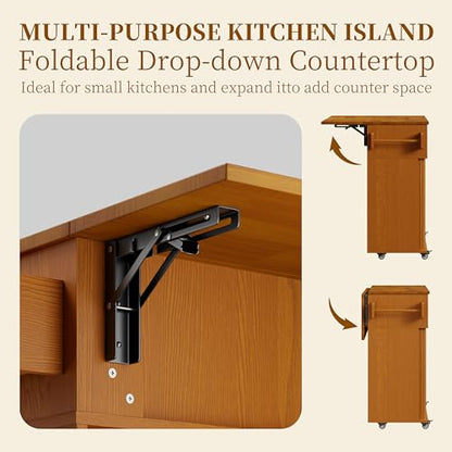 DHH Rolling Kitchen Island with Drop Leaf Countertop&Ample Storage - 39.4" Small Mobile Kitchen Cart On Wheels with Sliding Door,Drawers,Spice Rack & 2-Tier Storage (Yellow Walnut) - color: Yellow Walnut