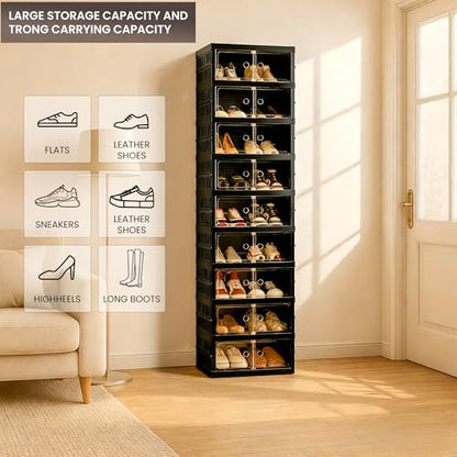 Foldable Shoe Organizer Storage Box, Portable Extra Large Folding Shoe Rack for Closet, Shoe Storage Box with Magnetic Transparent Door and Wheels, 9 Layers 18 Grids - size: Black 9 Layers-A