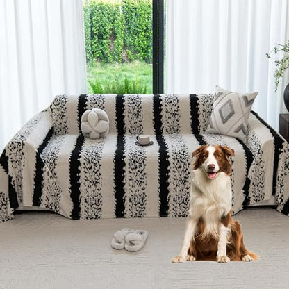 Sherpa Fleece Couch Cover for 2 Cushion Sofa, Black, 71" x 118" – Pet Proof Sofa Covers, Heavy Duty, Scratch Resistant, Pet Friendly Furniture Cover – Easy Install, Machine Washable - color: Stripe 3 Black, size: 71" x 118"