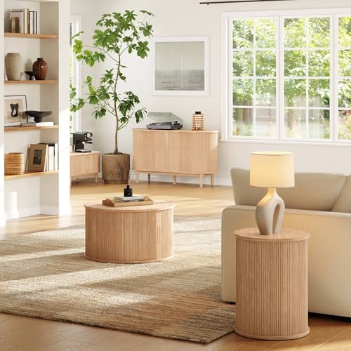 LINSY HOME 원형 플루티드 엔드 테이블, 슬라이딩 탬부르 도어 및 보관 선반이 있는 톨 사이드 테이블, 모던 침대 옆 테이블, 거실, 침실, 오크 | 슬라이딩 땅부르 도어, 오픈 보관 선반, 미드 센추리 모던 스타일, 보헤미안 우드 디자인, 컴팩트 나이트 스탠드, 거실/침실. - color: 오크.