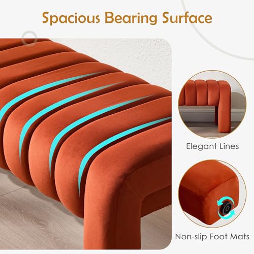 43.3" Bedroom Bench, Upholstered Entryway Bench, Modern End of Bed Ottoman with Solid Wood Legs and Adjustable Foot Pegs for Entryway, Dining Room and Living Room (Rust Velvet) - color: Rust Velvet, size: 43.3"