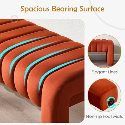 43.3" Bedroom Bench, Upholstered Entryway Bench, Modern End of Bed Ottoman with Solid Wood Legs and Adjustable Foot Pegs for Entryway, Dining Room and Living Room (Rust Velvet) - color: Rust Velvet, size: 43.3"