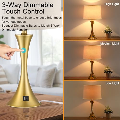 Touch Table Lamp, 3-Way Dimmable with LED Bulbs, USB Charger, Gold | 21.5" Touch Control Lamp for Nightstand, Living Room, Bedroom, Metal Body, Linen Shade, Type A+C Charging Port, Set of 2 - color: Gold