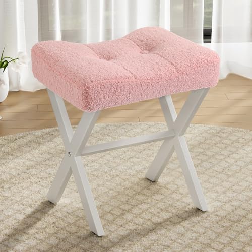 18-Inch Vanity Stool Chair, Pink Padded Saddle Makeup Stool | Teddy Flannel Vanity Bench, Metal X-Leg, 300 LBS, 16.3"x12.4"x18", Ottoman Accent Stool, Breathable Soft Saddle Seat - size: Small, style: Pink Fabric
