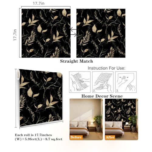 Dark Black and Gold Leaf Peel and Stick Wallpaper 17.7" x 70.8" | Self-adhesive removable waterproof leaf design for bedroom accent walls and renter friendly spaces - color: Black&Gold, size: 17.7" x 70.8"