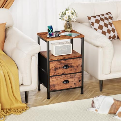 Night Stand Set 2 with Charging Station, LED Light, 2 Drawers, Rustic Brown | Night Stand Set 2 with USB & Outlets, Side Table with Storage, Industrial End Table, for Living Room/Bedroom, Dorm - color: Rustic Brown
