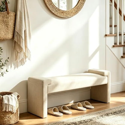 Upholstered Entryway Bench, 43" Modern Bedroom Bench, Camel | Curved Armrests, Solid Wood Frame, End of Bed, Bedroom, Living Room, Hallway - color: Tan-linen, size: 43"
