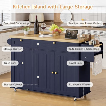 60" Kitchen Island with Power Outlet & Drop Leaf, Rolling Island with Spice Rack & Towel Rack, Kitchen Island Cart with Trash Storage Cabinet, Island Table for Kitchen, Blue - color: Blue