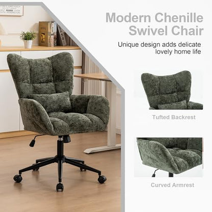 Home Office Desk Chair, Modern Tufted Chenille Vanity Chair, Adjustable Upholstered Swivel Computer Chairs for Bedroom, Living Room，Green - color: Green