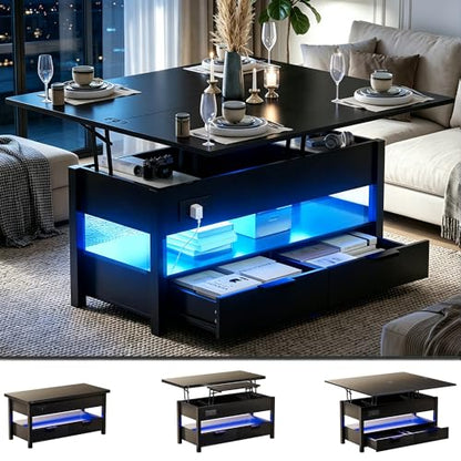 40" Lift Top Smart Coffee Table for Living Room | Power Outlets, LED Lights, Lifting Top, Storage Drawers & Compartments, for 4-6 People, Black - color: Black