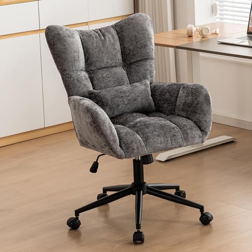 Home Office Desk Chair, Modern Tufted Chenille Vanity Chair, Adjustable Upholstered Swivel Computer Chairs for Bedroom, Living Room，Grey - color: Grey